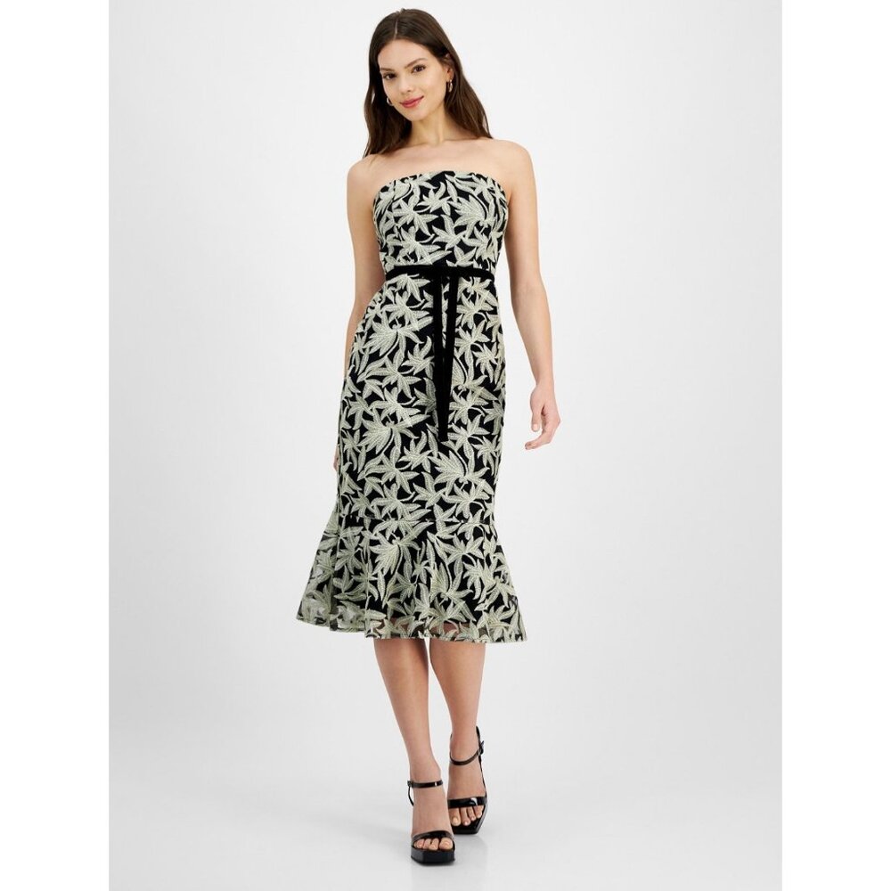 Sam Edelman Platinum Leafy Embroidered Strapless Midi Dress Size 2 Black/Platinu